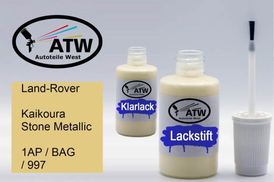 Land-Rover, Kaikoura Stone Metallic, 1AP / BAG / 997: 20ml Lackstift + 20ml Klarlack - Set, von ATW Autoteile West.